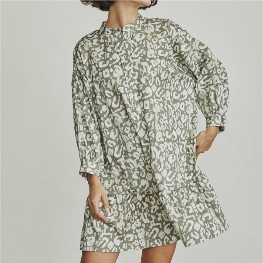Elizabeth & James Tunic Peasant Dress Ruffled Hem Leopard Print Large